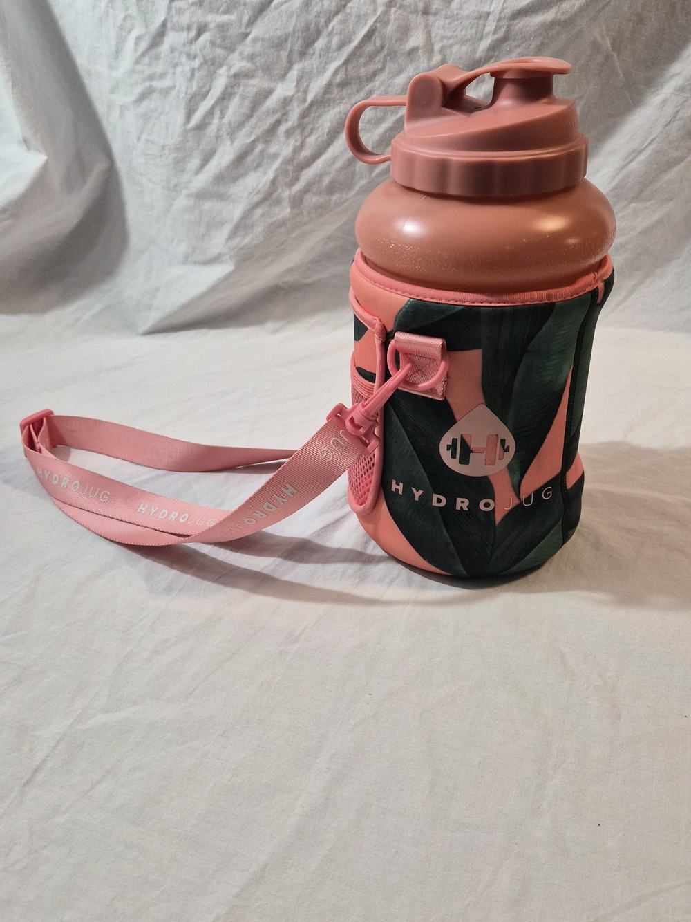 HydroJug 73 Oz Water Bottle With Carrier Sleeve Strap Pink Green Tropical Print